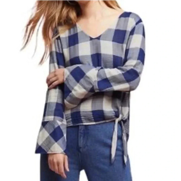 ANTHROPOLOGIE CLOTH & STONE | Plaid Gingham Front Tie Bell Sleeve Blouse Size L - Picture 1 of 10
